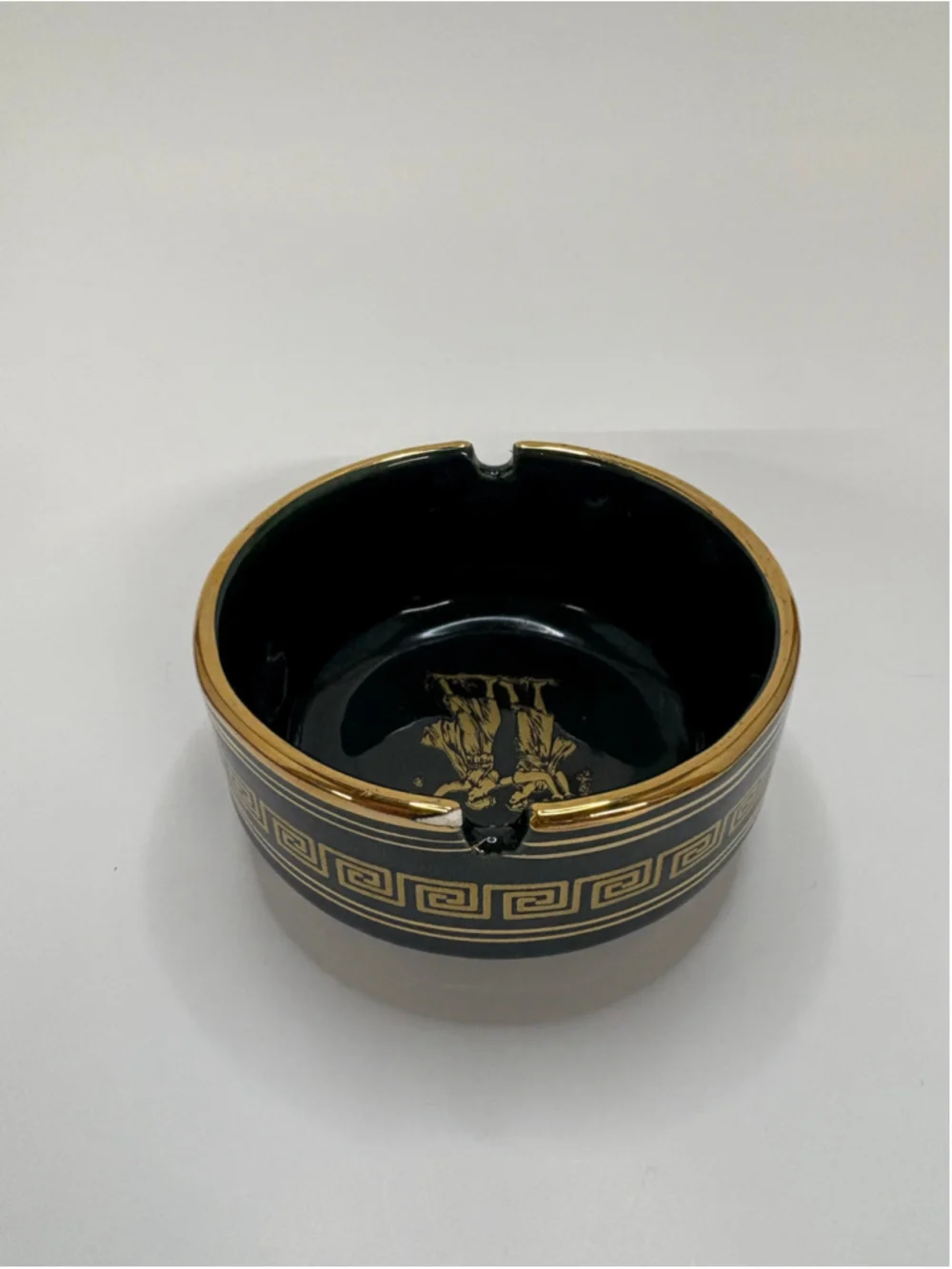 Dakas Keramik 24k Gold Greek Key Ashtray Green and Gold